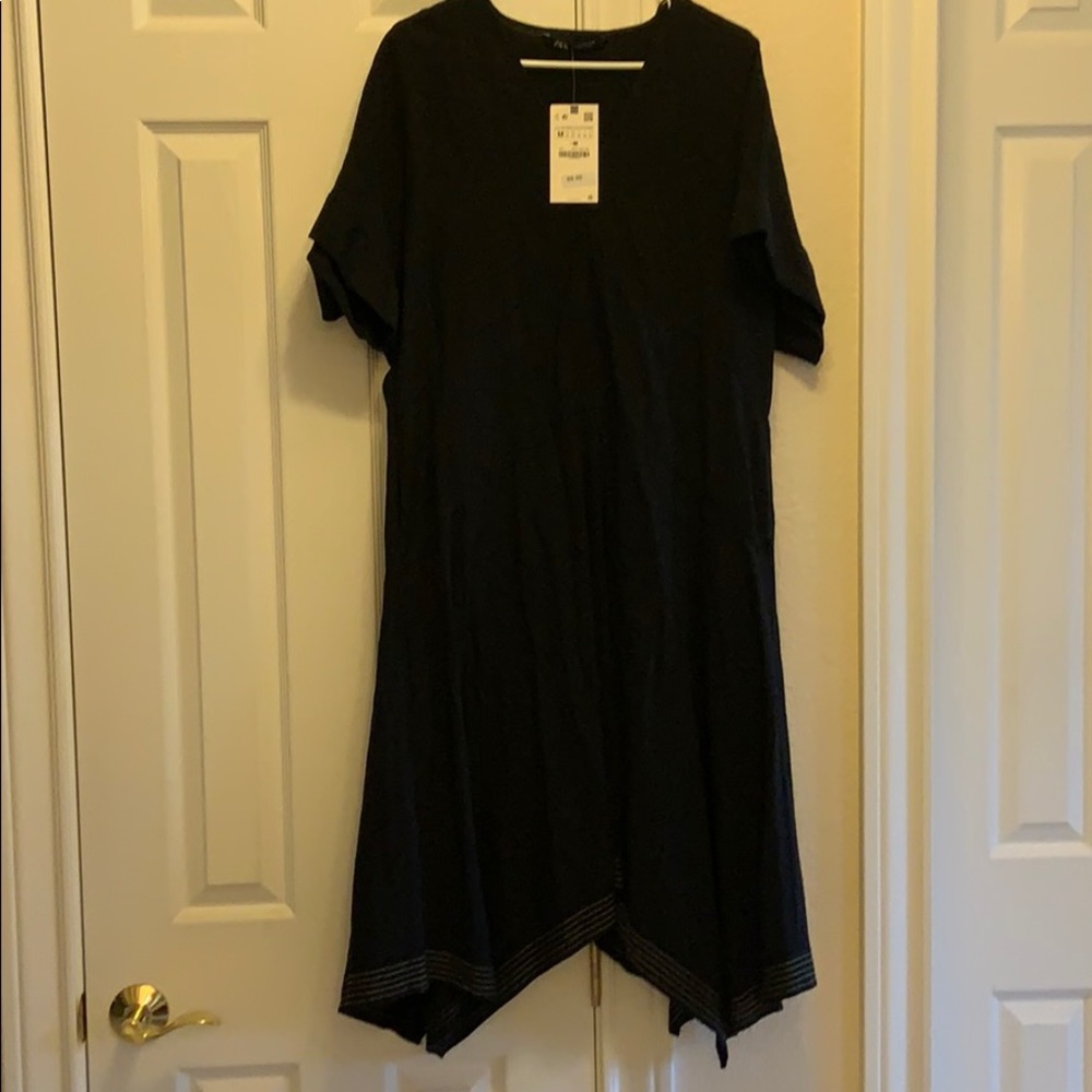 NWT Zara black asymmetrical dress with white hem